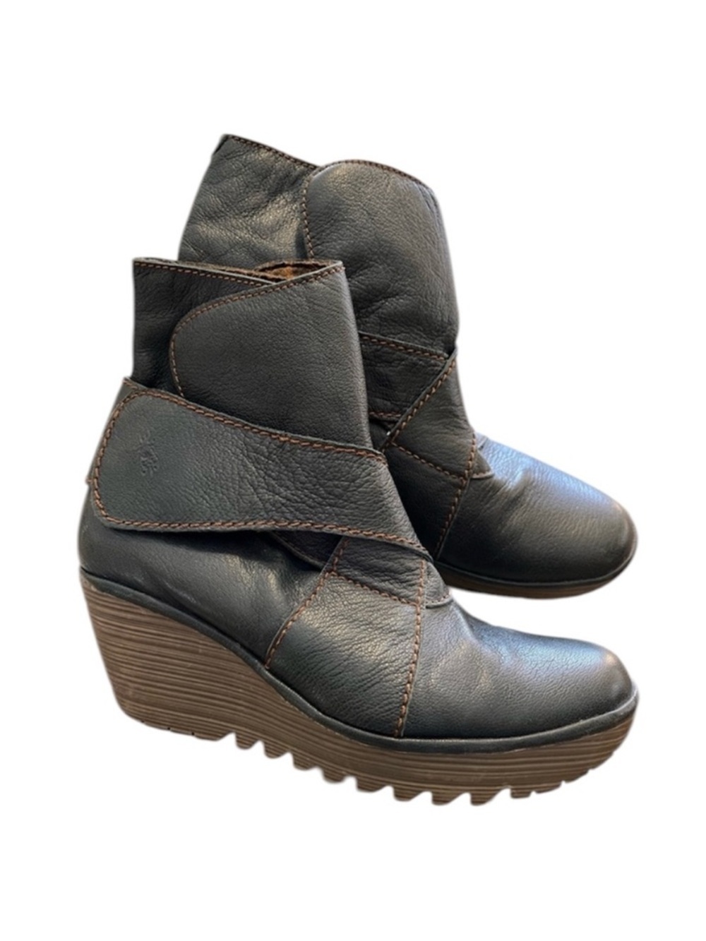Fly London Leather Wedge Ankle Boots. Greyish Green Color. Size 8.5 or 39
